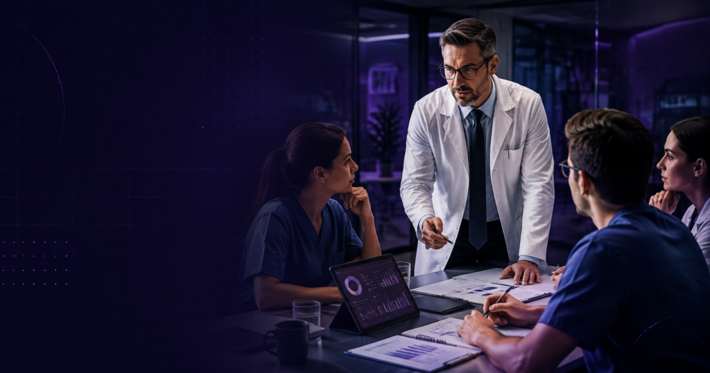 Médico liderando uma reunião com equipe de saúde sobre gestão estratégica e administração de uma clínica.