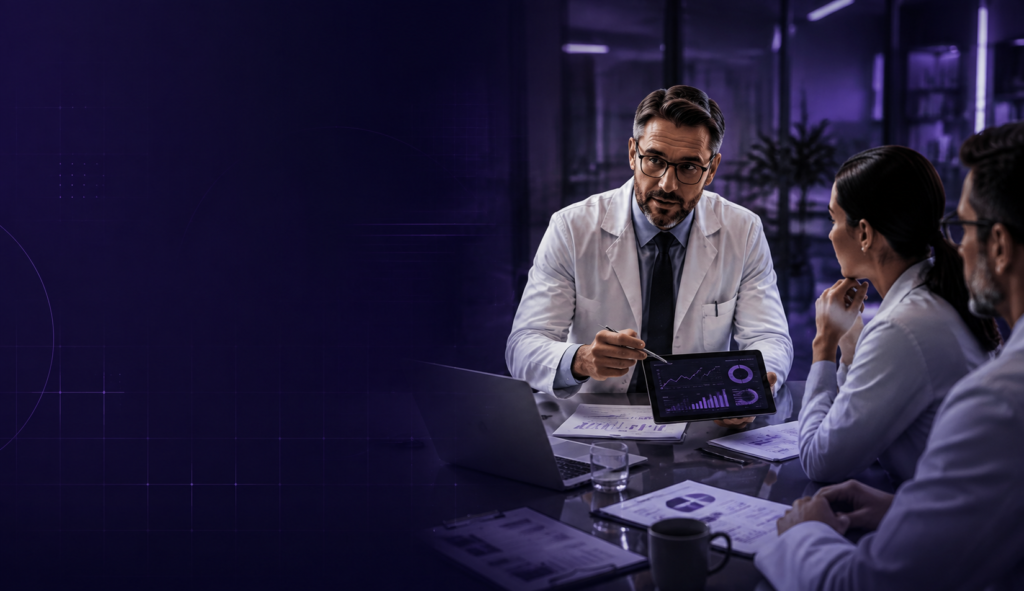 Médico liderando reunião estratégica com equipe de saúde para gestão e tomada de decisões em uma clínica.